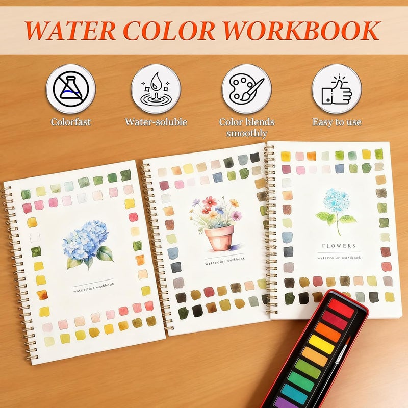 KOSIMI Watercolor Workbook – Water Coloring Book, Beginner Watercolor Painting Kit Paint Set Workbook with 12 Watercolor Paints & Brush (Flower B) - Image 3